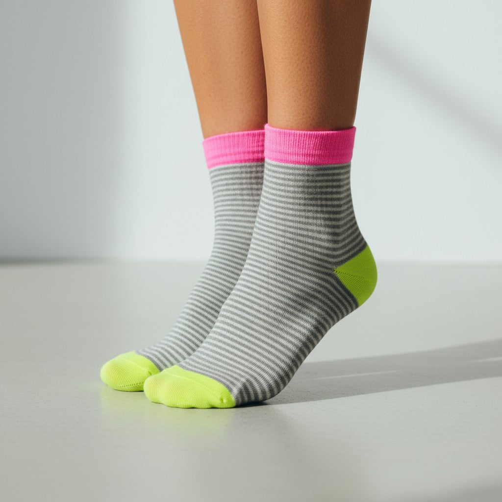 Tretze grey striped socks with pink cuff and neon yellow toe and heel. Cotton blend, one size.