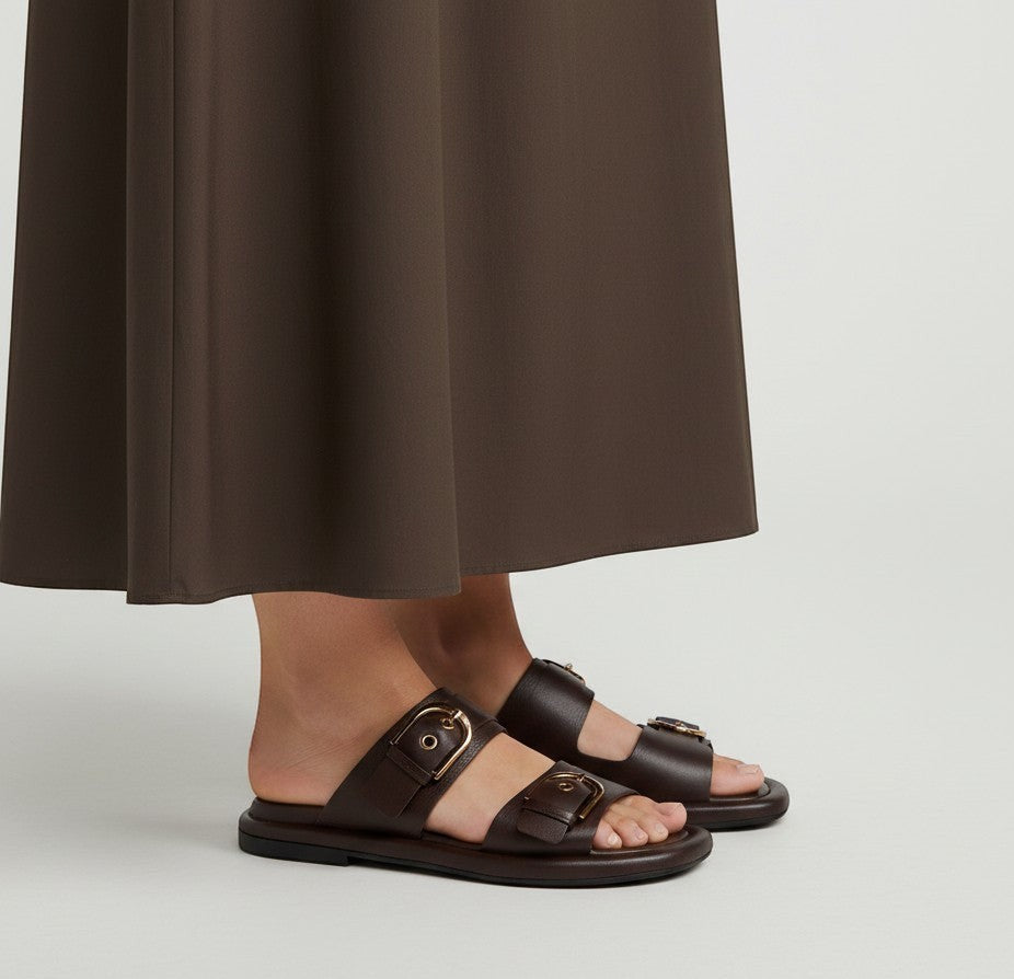 Tretze Shoes brown leather double strap slide sandals with gold buckles. Comfortable, handmade in Spain.