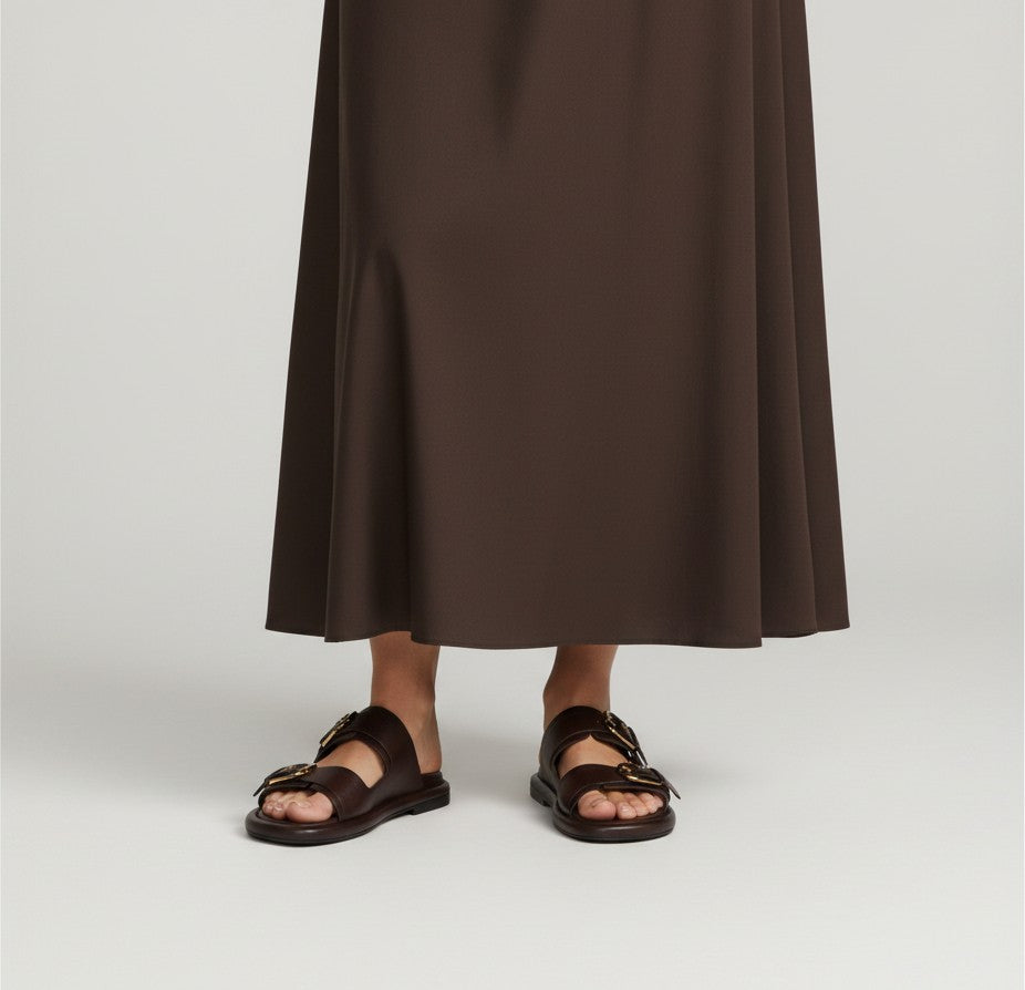 Tretze Shoes dark brown leather double strap slide sandals with gold buckles. Comfortable, handmade in Spain.