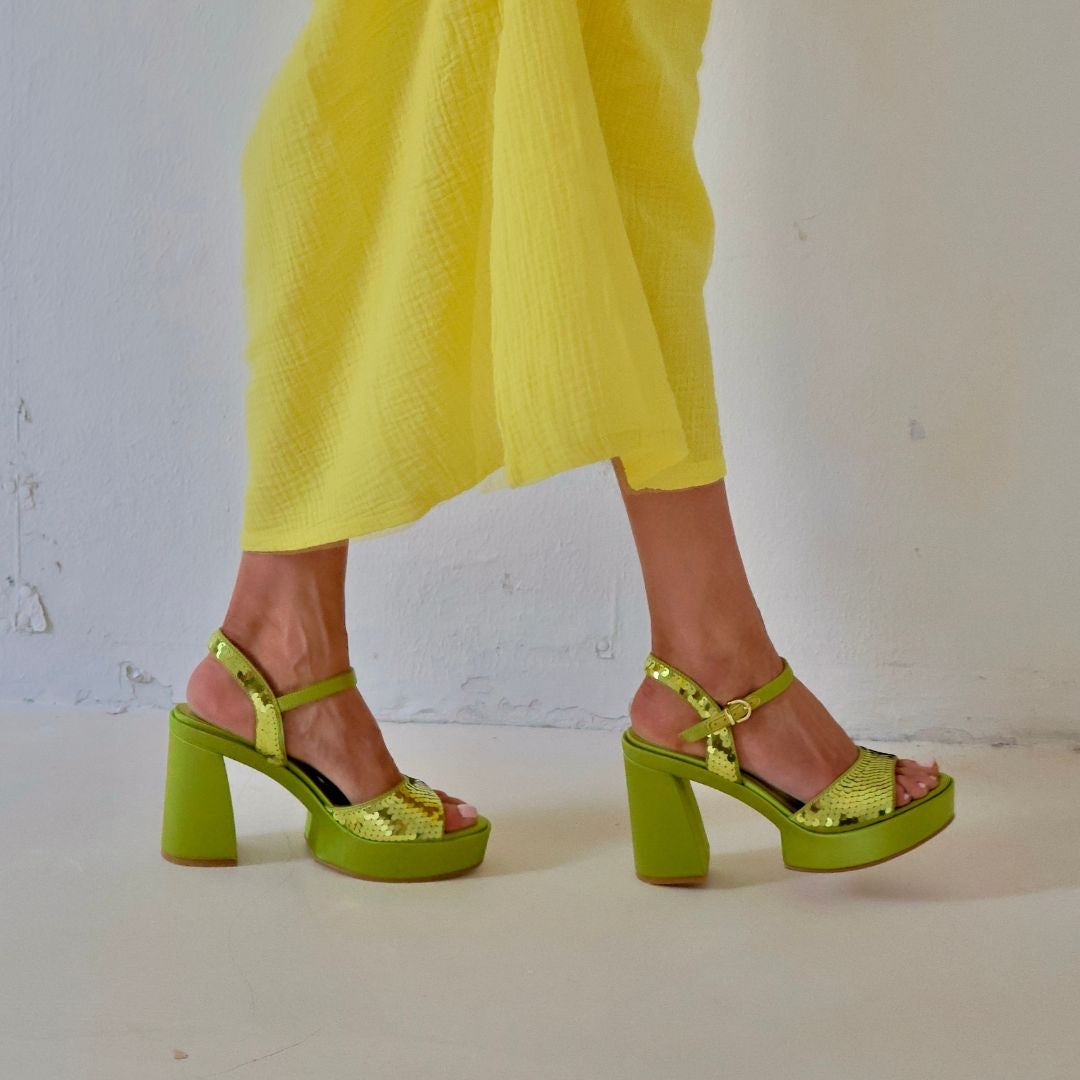 Jeannot Satin Heel with Lime Paillettes