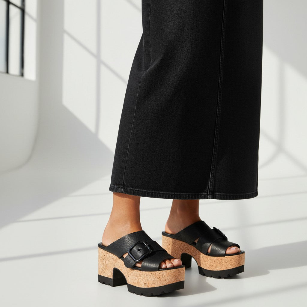 Tretze Shoes black leather platform sandals with cork sole and adjustable black buckle.