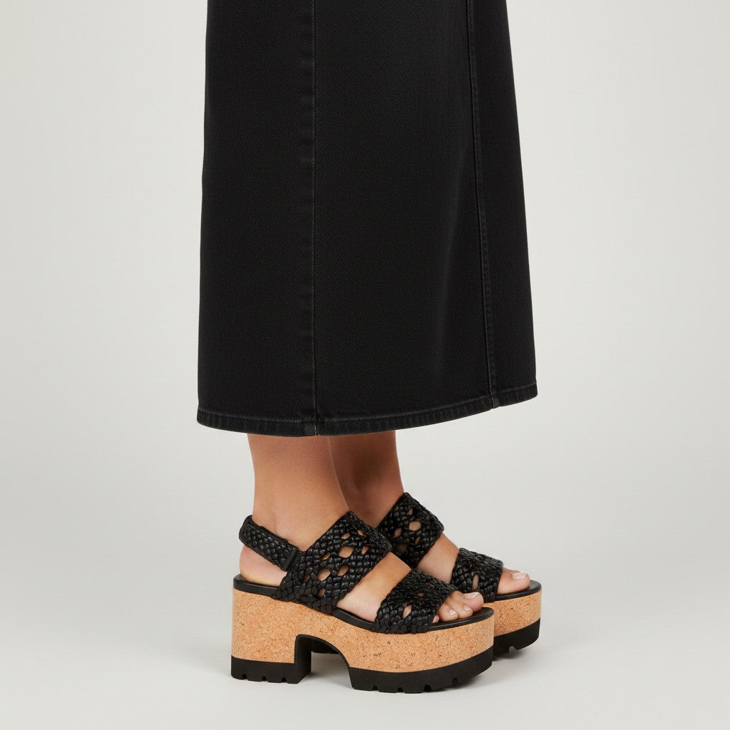 Tretze Shoes black woven leather platform sandals with cork sole and 5cm platform.