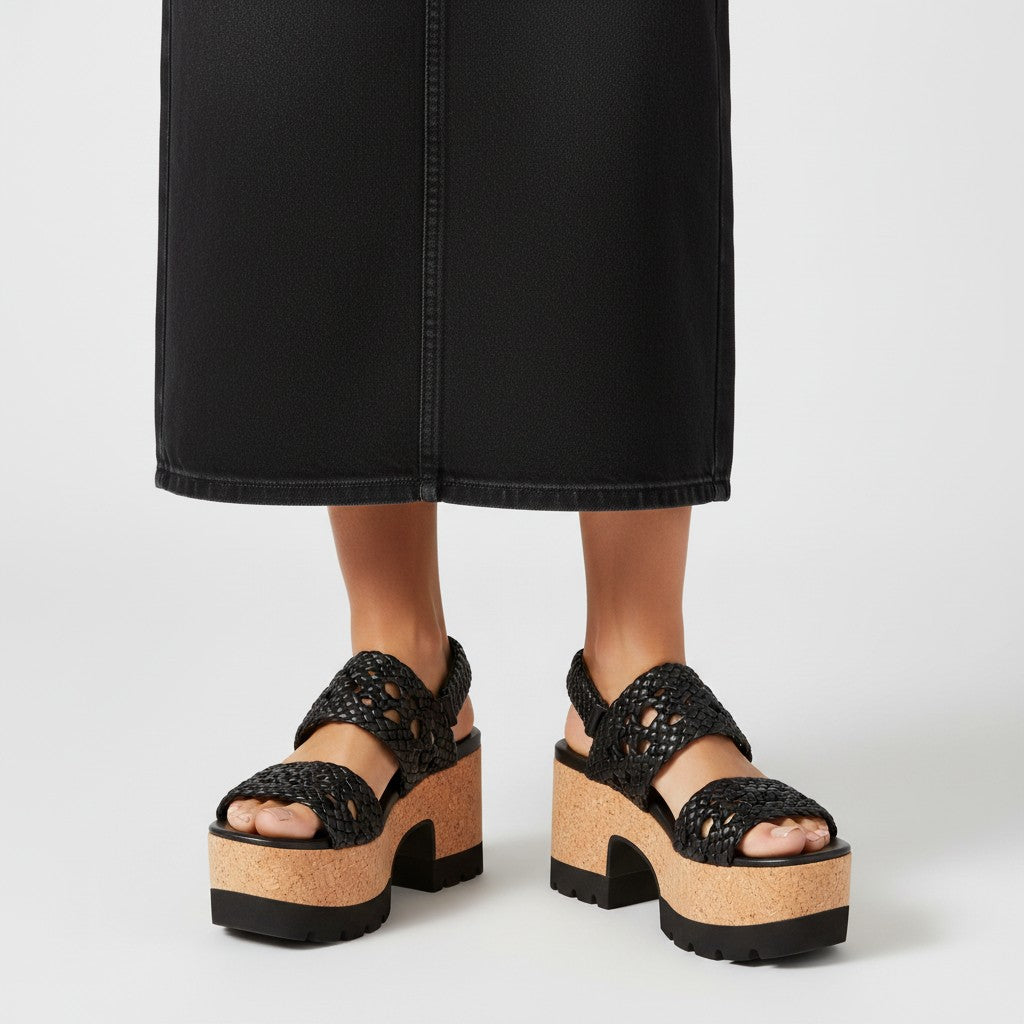 Tretze Shoes black woven platform sandals with cork sole and 5cm platform, 8cm heel.