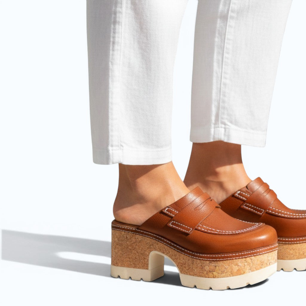 Tretze Shoes brown leather clog with cork platform and white stitching. Open back, 5cm platform, 8cm heel.