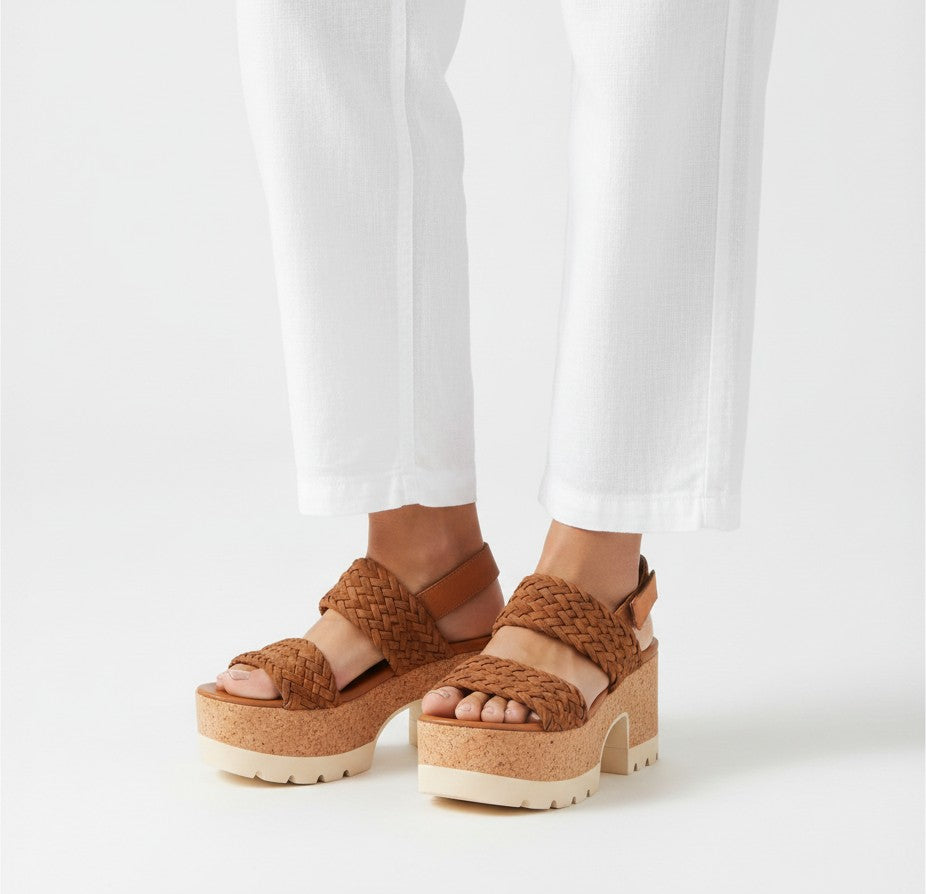 Tretze Shoes brown braided suede platform sandals with cork sole and 8cm heel. Adjustable ankle strap.
