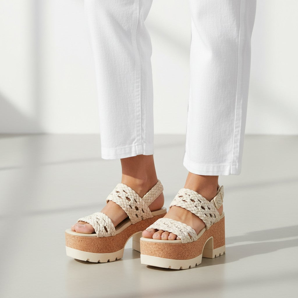 Tretze Shoes ivory woven platform sandals with cork sole and 5cm platform, 8cm heel.