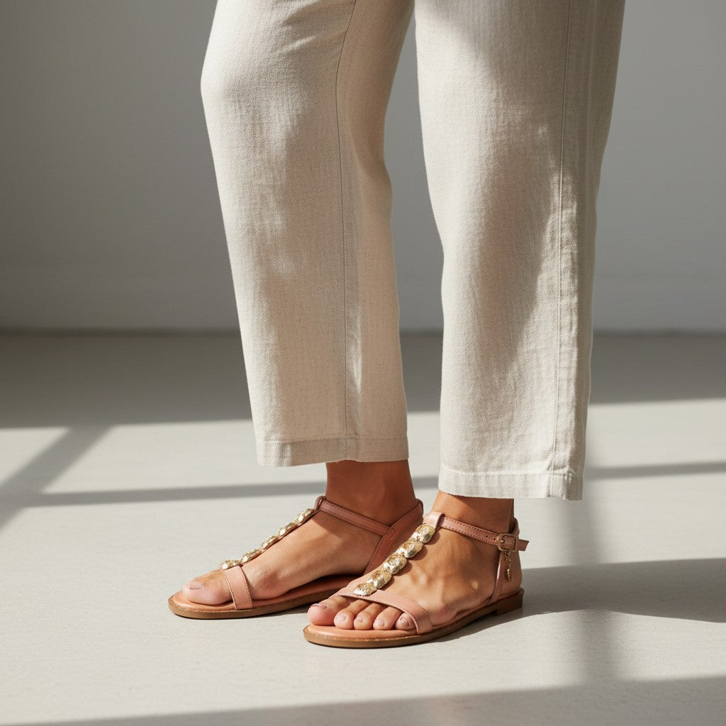Tretze Shoes Sandalia Caryatis Melina camel de cuero con adornos dorados y pulsera al tobillo. Hechas a mano en Grecia.