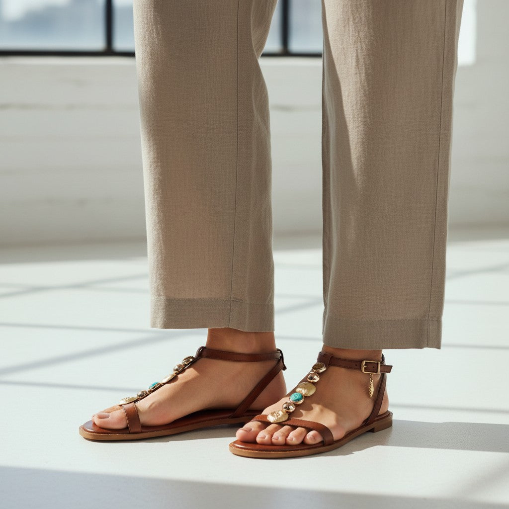 Sandalia plana de cuero marrón de tretze-shoes con tiras adornadas con abalorios dorados y turquesa. Cierre de hebilla al tobillo.