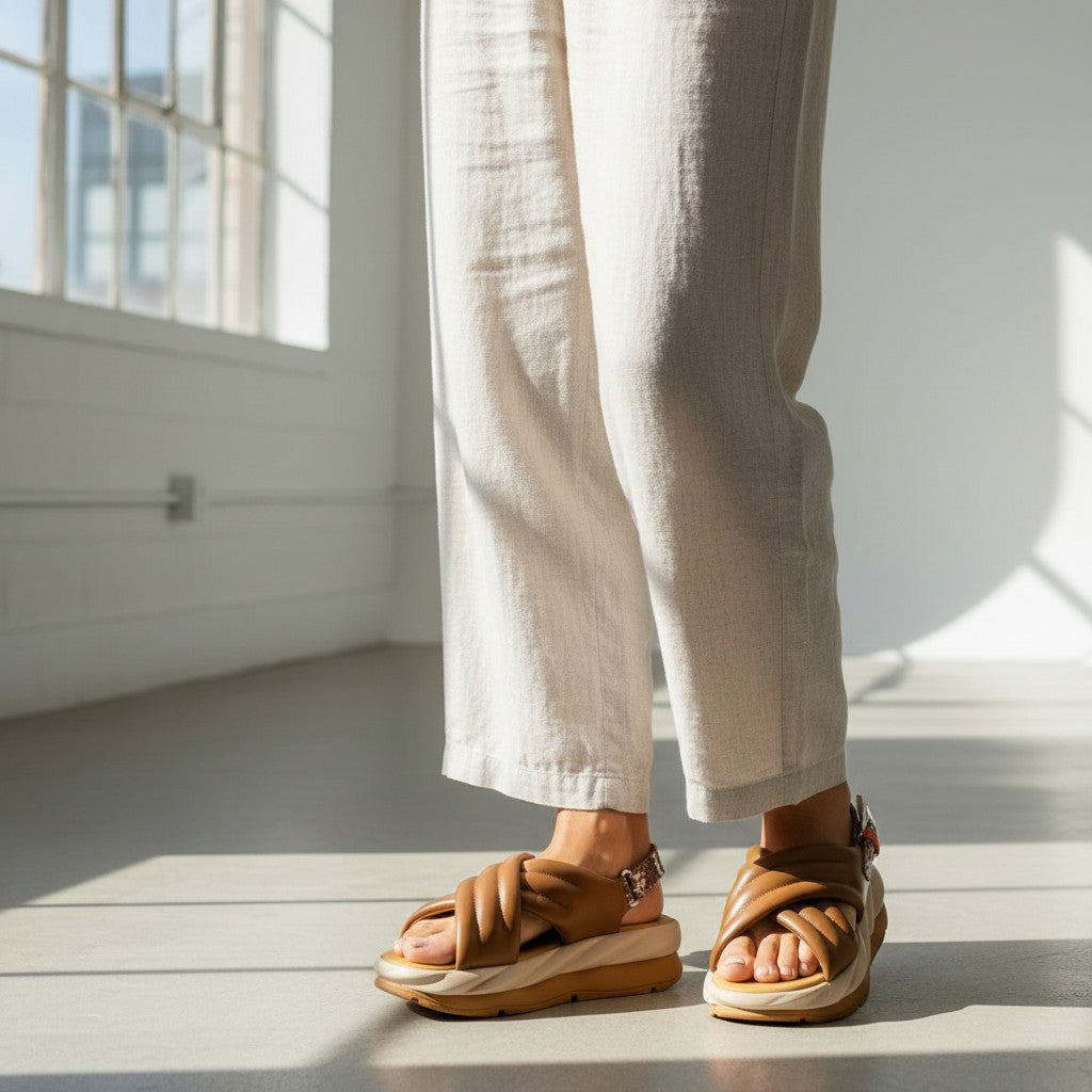 Sandalia de piel marrón de tretze-shoes con tiras cruzadas acolchadas y suela gruesa ondulada de EVA.