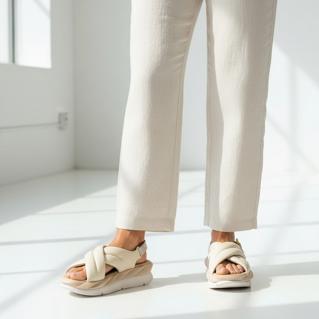 Sandalia de piel de oveja color marfil de tretze-shoes con tiras cruzadas, correa ajustable en el talón y hebilla metálica. Suela gruesa y ondulada.